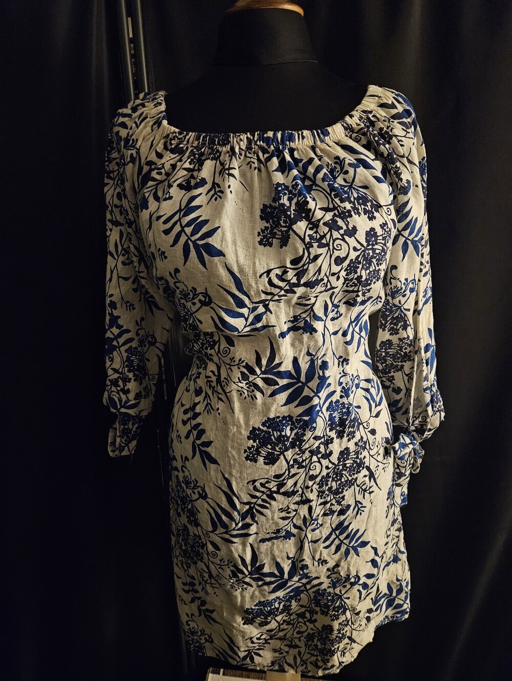 Valentina Blue and Cream Floral Long-Sleeve Off-Shoulder Dress - Made In Italy